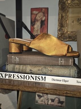 Metallic Copper Gold Open-Toe Block Heel Mules
